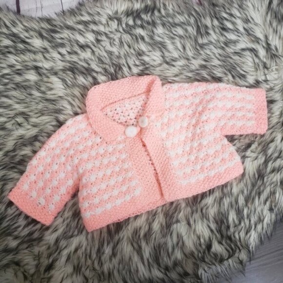 Vintage Hand Knit Baby Girl Sweater Cardigan 70s 80s Boho Cottagecore Bo… - Picture 1 of 7